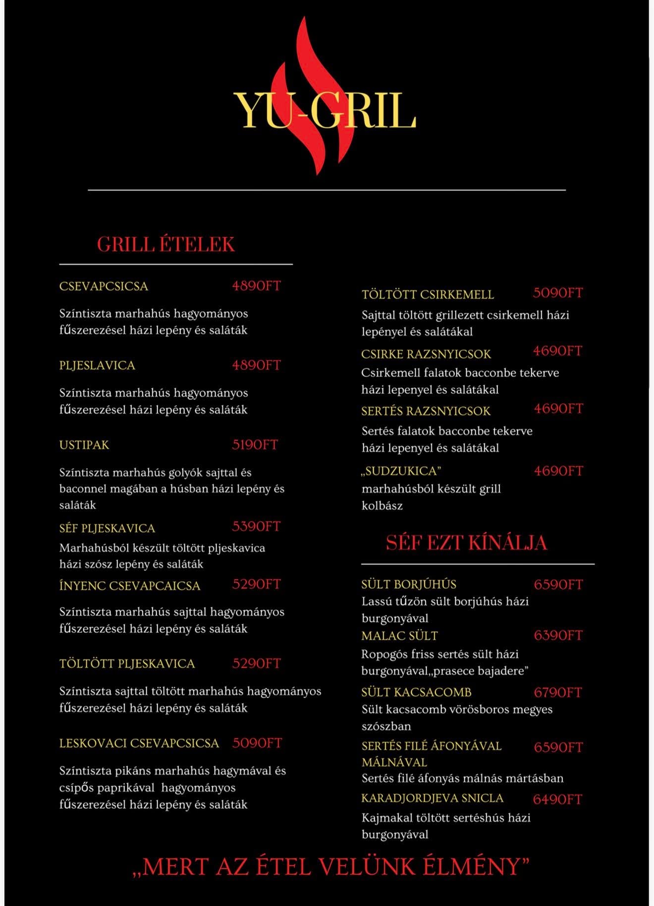 Yu Grill étlap — Grill ételek (helyi árak)