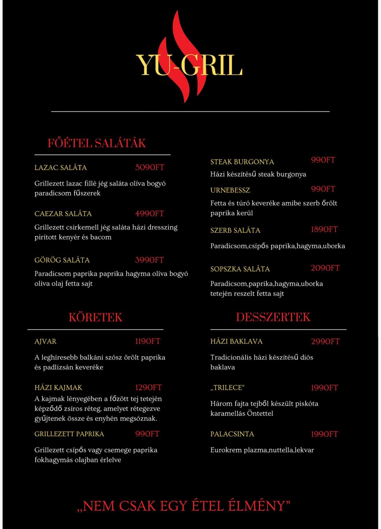 Yu Grill étlap — Saláták és desszertek (helyi árak)
